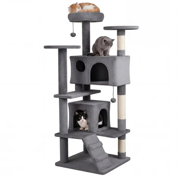 52" Tall Cat Tree Tower With Perches & Condos, Multi-Cat Playground With Scratching Posts (Light Gray) - view 5