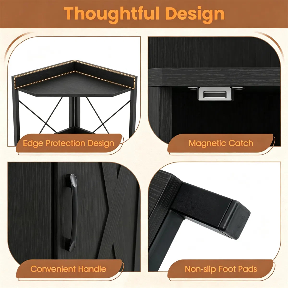 Freestanding Corner Display Shelf, Black Engineered Wood & Metal Bookcase with Concealed Cabinet - view 8