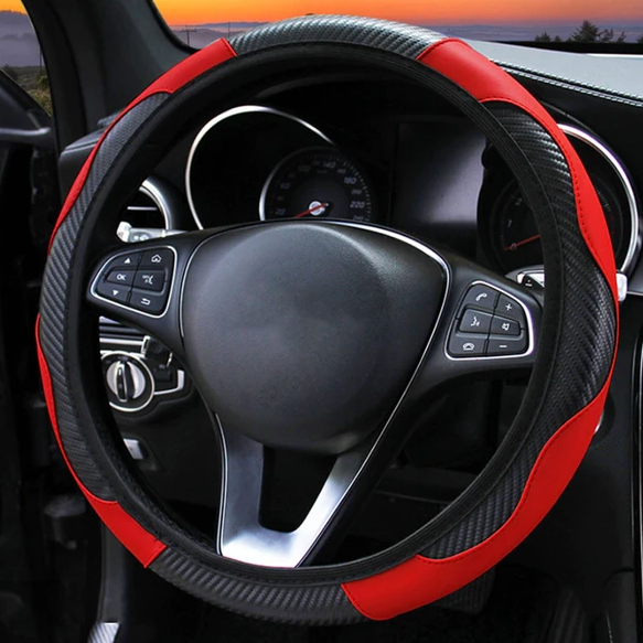Car Steering Wheel Cover Red Black Leather Anti-slip For Carbon Fiber - view 5