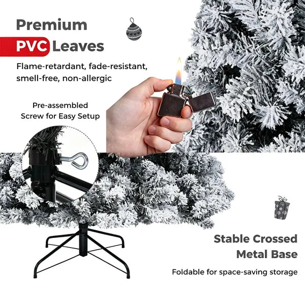 6 FT Snow Flocked Artificial Christmas Tree With 600 Branch Tips, Hinged PVC Xmas Tree Foldable Metal Stand Flame - view 5