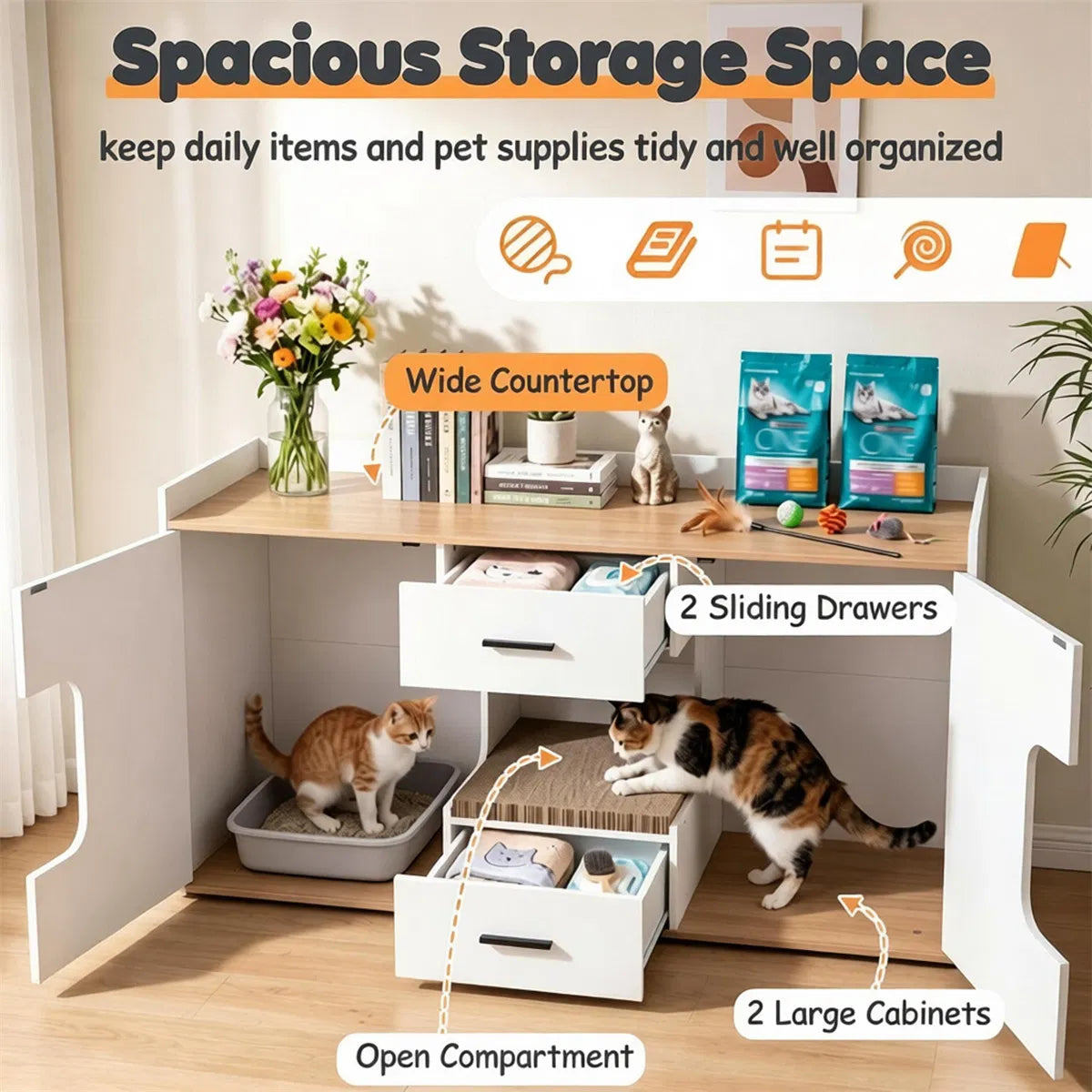 Large Cat Litter Box Enclosure Furniture with Storage Drawers & Built-In Scratching Board - view 9