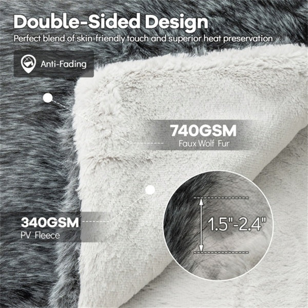 Gray 740GSM Faux Wolf Fur Throw Blanket 60 X80 Double-Sided Soft Fleece Lined Blanket - view 7