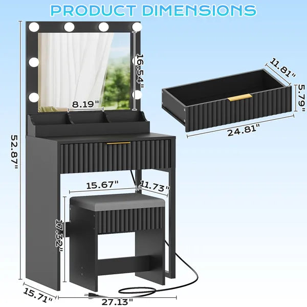Black Particleboard with a 3-compartment, 1-drawer Dressing Table Set with 8 Three-tone Light Bulbs, Power Strip - view 6