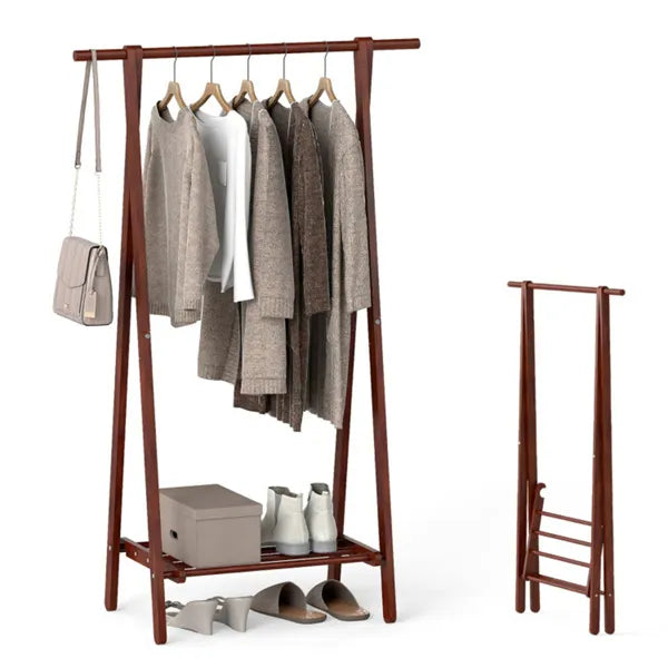 Solid Rubber Wood Folding Coat Rack, A-Frame Standing Clothes Rack With Bottom Storage Shelf - view 5