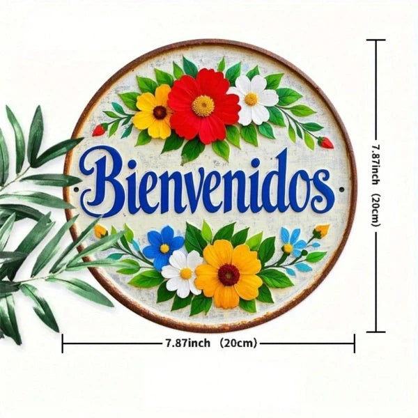 Spanish Flower Welcome Round Metal Sign 7.8x7.8in 1PC Vintage 2D HD Printed Iron Wall Decor Rustic Flat Hanging Plaque - view 5