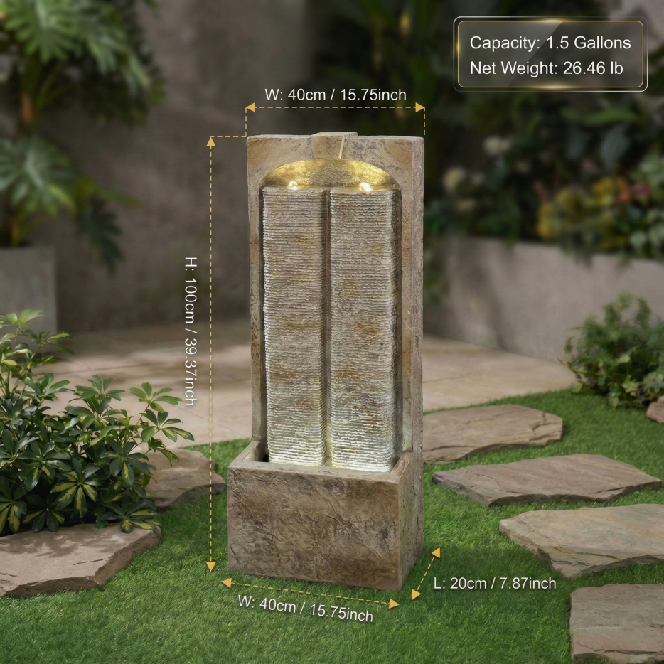39 Inch Outdoor Water Fountain With Pump, Modern Cascading Freestanding Wall Fountain - view 7