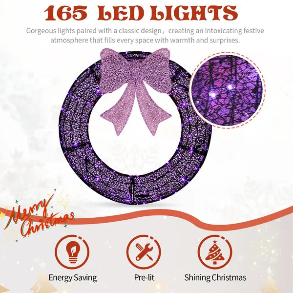 36in Pre-lit Outdoor Christmas Wreath Decoration, Lighted Metal Wreath With Purple Bow - view 5