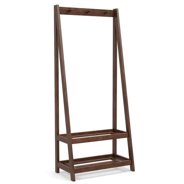 100% Solid Rubber Wood Freestanding Coat Rack, A-Frame Stable Garment Hanger With 3 Hooks & 2 Shelves - view 5
