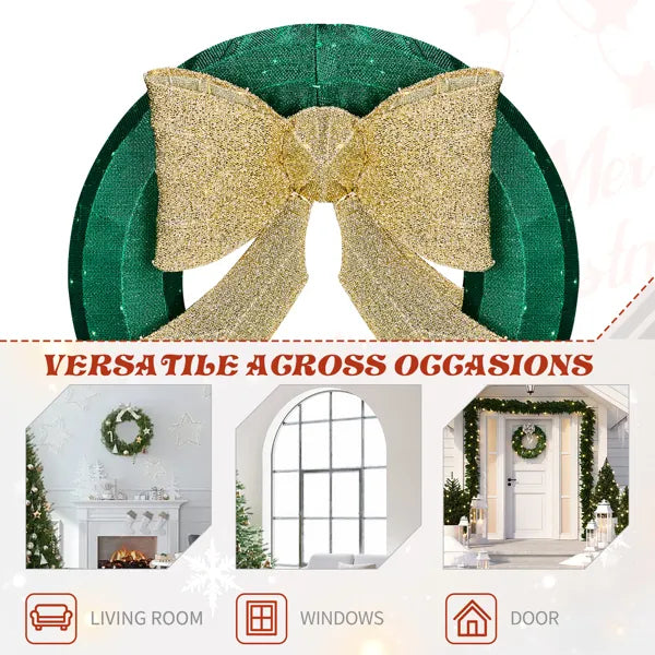 24in Pre-lit Outdoor Christmas Wreath Decoration, Lighted Metal Wreath With Golden Bow, Green And Warm White LED Lights - view 10