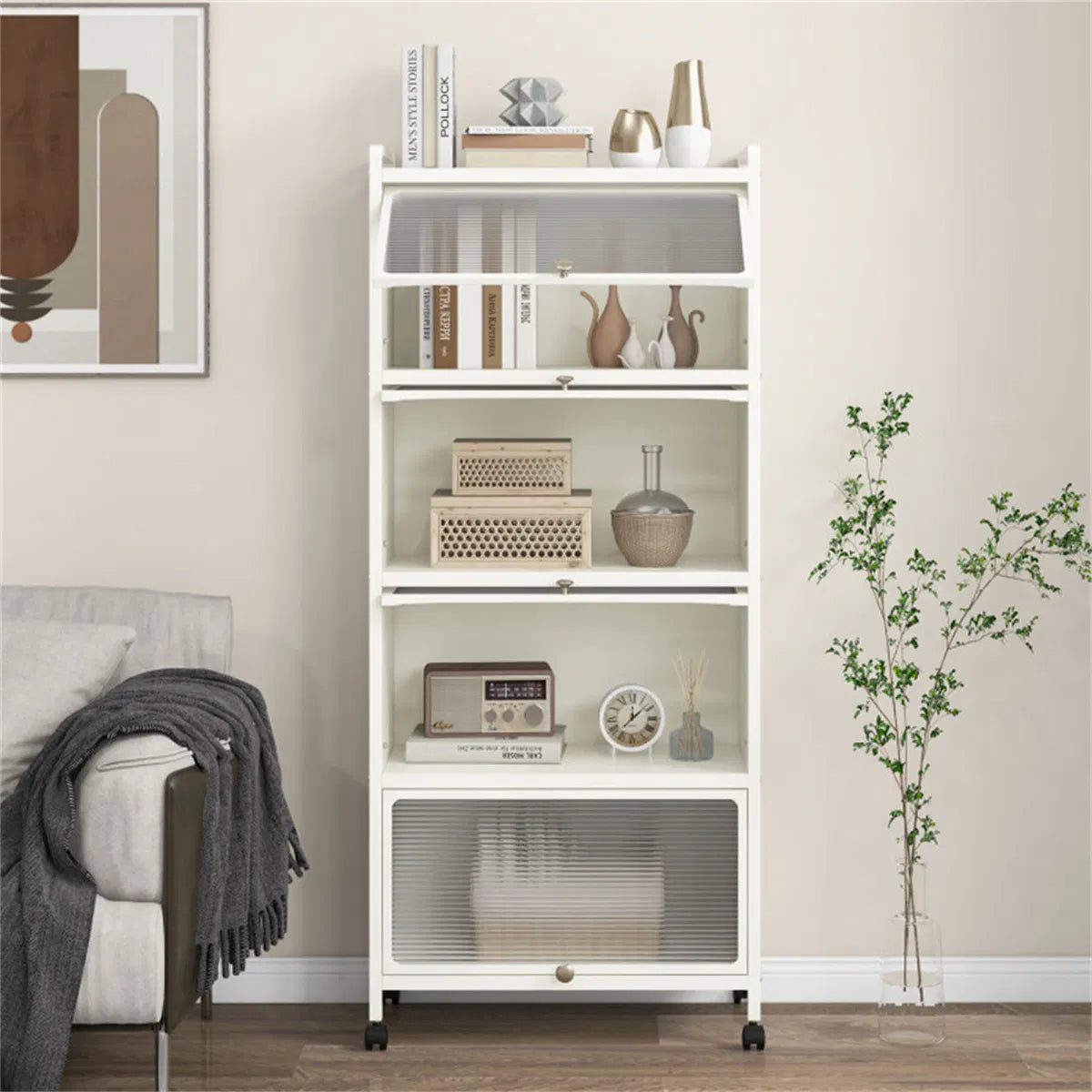 5-Tier Rolling Microwave Stand Flip Dust-Proof Doors 4 Casters with Brakes Kitchen Storage Rack White - view 6