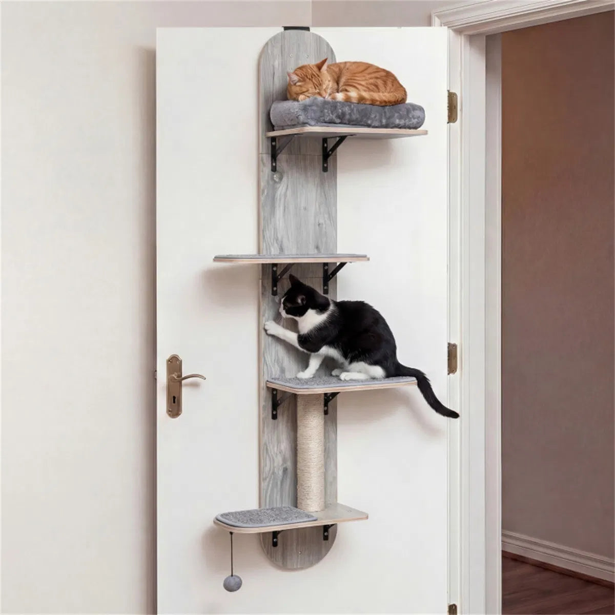 Door Hanging Cat Tree 5-Level Height Adjustable 4-Tier Climber No-Drill for Apartment Grey - view 2