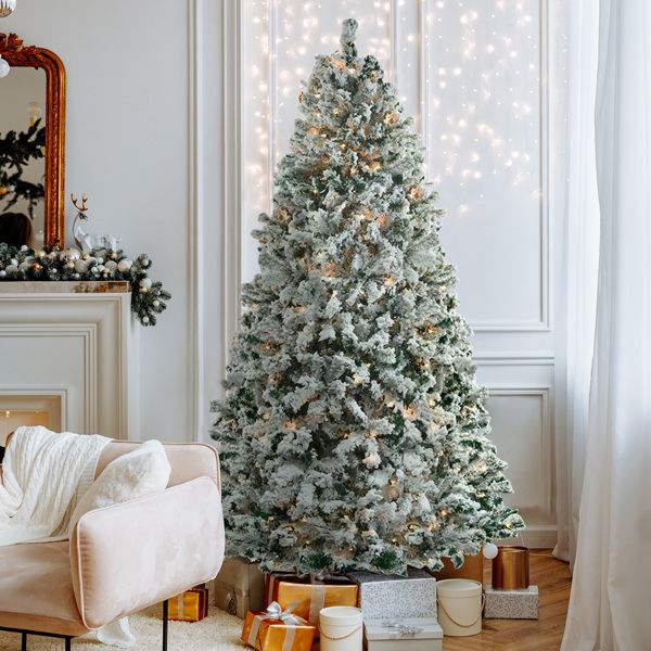 7 FT Pre-lit Snow Flocked Christmas Tree, Artificial Hinged Xmas Pine Tree With 1000 Branch Tips - view 3