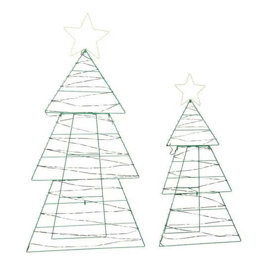 Set Of 2 Lighted Metal Christmas Tree Yard Decorations, Pre-lit Holiday Decor With 150 Green And Warm White LED Lights