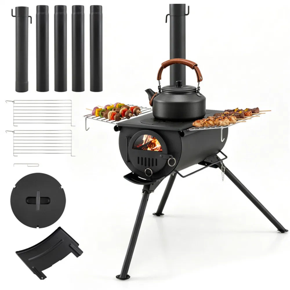 Portable Foldable Wood Burning Tent Stove With 5 Sections Chimney, Heavy Duty Carbon Steel Camping Stove With View - view 4