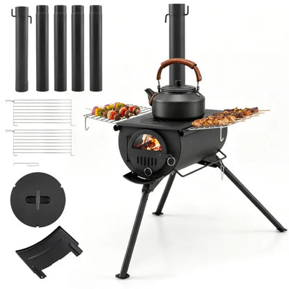Portable Foldable Wood Burning Tent Stove With 5 Sections Chimney, Heavy Duty Carbon Steel Camping Stove With View - view 6