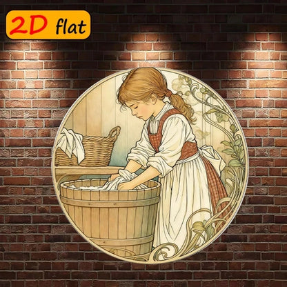 2D Flat Round Aluminum Sign Vintage Girl Doing, Vintage Girl, Doing Laundry Wall Decor 7.87x7.87 Inch Outdoor Kitchen - view 5