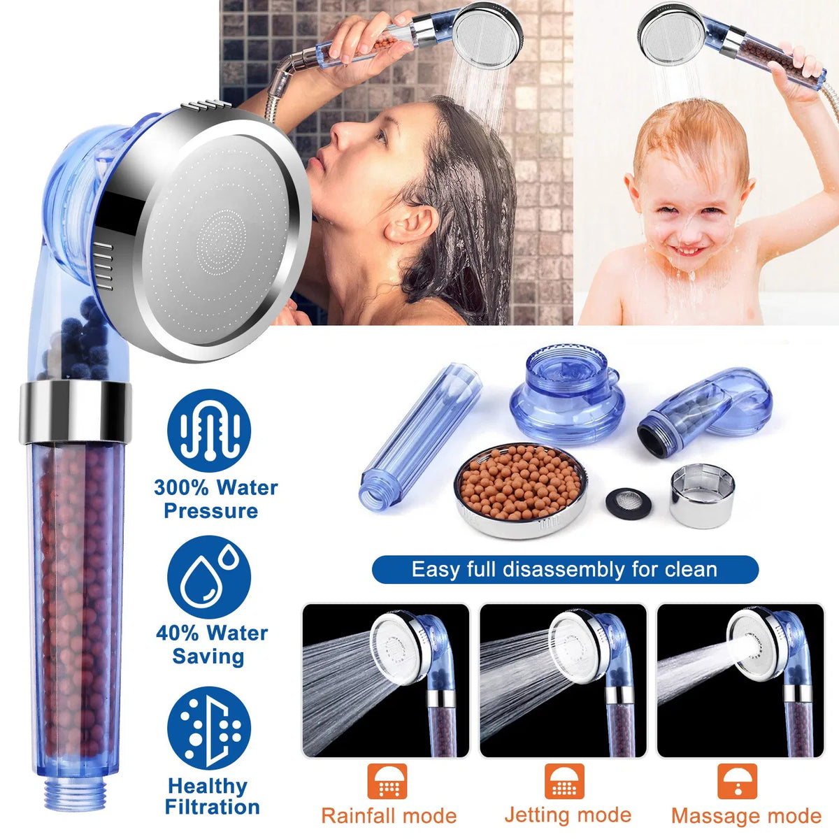 Ionic Filtration Shower Head High Pressure 3 Mode Stone Water Saving Bath Handheld Shower - view 10