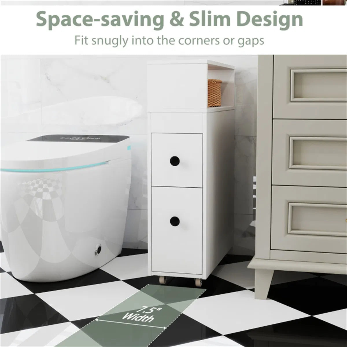 Slim White Bathroom Storage Cabinet (20" x7.5" x28.5") - Fits Tight Spaces (Tub-Toilet Gap) - view 4