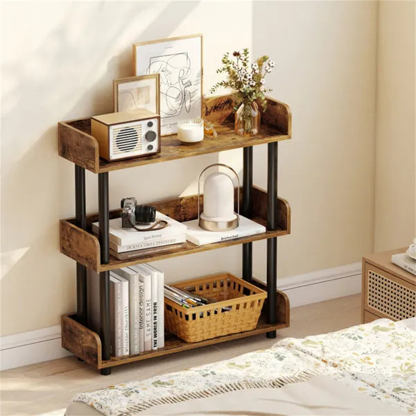 3-Tier Industrial Bookshelf With Anti-Falling Guardrails, 33 LBS Per Shelf Storage Organizer - Rustic Brown - view 5