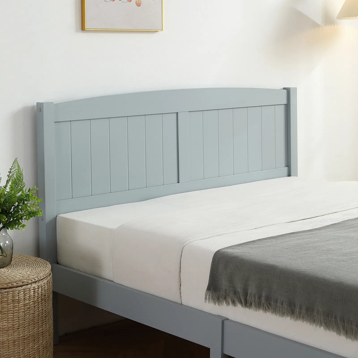 Full Single Bed Frame Vertical Striped Decorative Curved Headboard and Footboard Bed Frame Painted + Melamine Veneer & - view 3