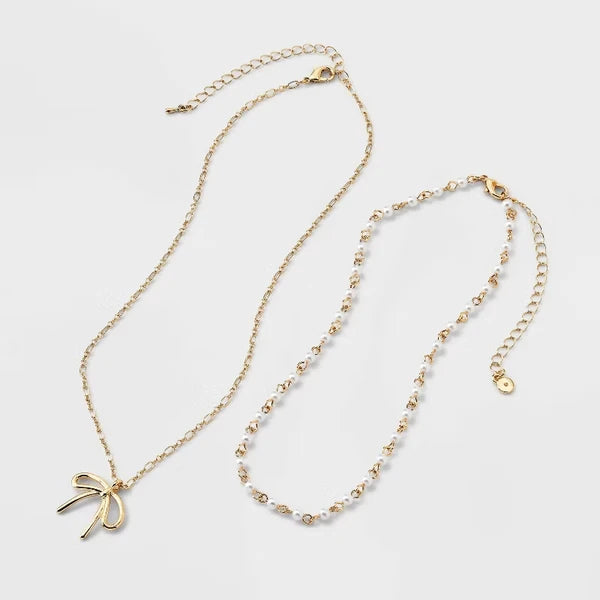 14/16" Acrylic Pearl & Bow Necklace Set 2 Pc - Gold