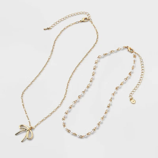 14/16" Acrylic Pearl & Bow Necklace Set 2 Pc - Gold