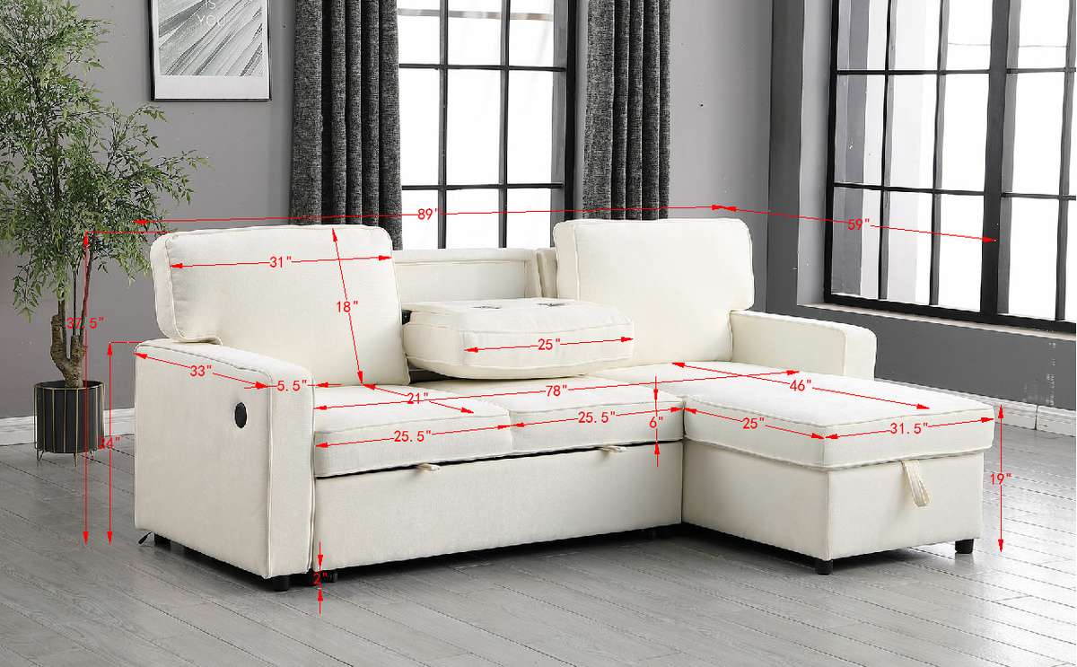 USTYLE Upholstery Sleeper Sectional Sofa With Storage Space, USB Port, 2 Cup Holders On Back Cushions - view 7