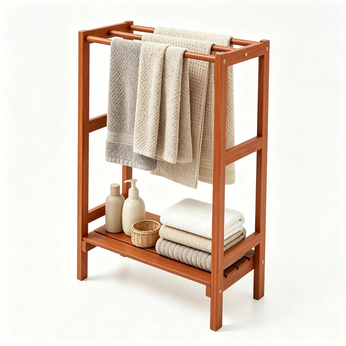 Natural Hardwood Towel Rack, Freestanding Blanket Stand with 3 Hanging Bars & Bottom Storage Shelf