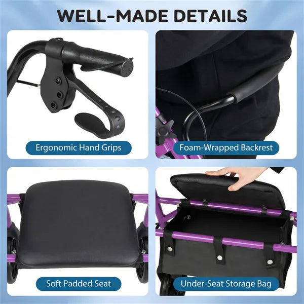 2-in-1 Rollator Walker With Seat (Purple), 8-Inch Large Wheels & Versatile Braking System, Adjustable Height - view 3