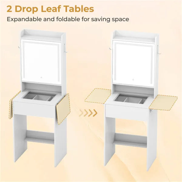 Vanity Table With LED Lighted Mirror, 2 Drop Leaf Extension & Built-in Charging Station-White - view 6