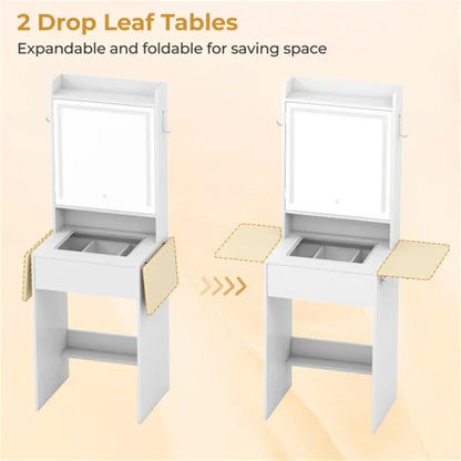 Vanity Table With LED Lighted Mirror, 2 Drop Leaf Extension & Built-in Charging Station-White - view 6