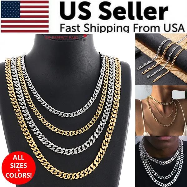 Stainless Steel Gold Silver Chain Cuban Curb Womens Mens Necklace