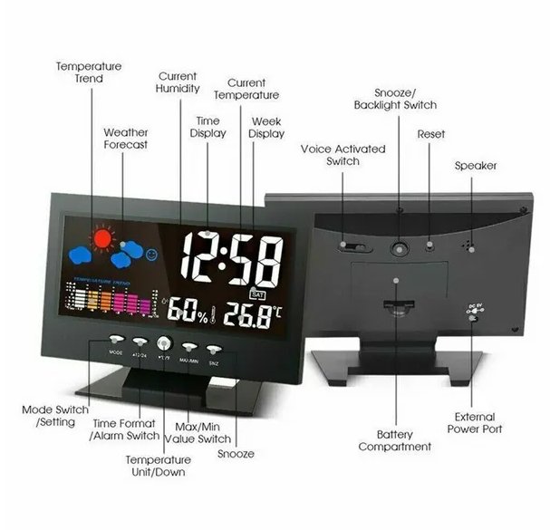 LED Digital Alarm Clock Snooze Calendar Thermometer Hygrometer Weather Display - view 5