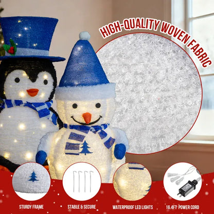 Set Of 2 Lighted Plush Penguin And Snowman Christmas Decorations, Pre-lit Pull Up Holiday Decor With 100 Warm White LED - view 9