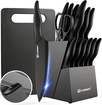 16 Pieces Kitchen Knife Block Set With Cutting Board, German Stainless Steel Knife Set With Sharpener, Dishwasher Safe