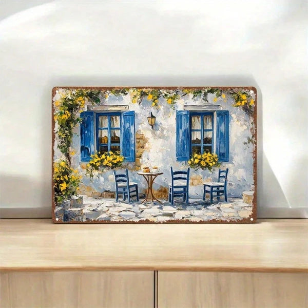 Vintage Greek Caf | Blue Door Floral Metal Tin Sign Heavy-Duty Waterproof Rustproof Iron Poster 11.81x7.87Inch Retro - view 2