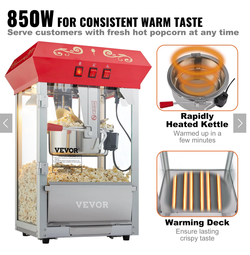 Popcorn Popper Machine 8 Oz Countertop Popcorn Maker 850W 48 Cups Red - view 4