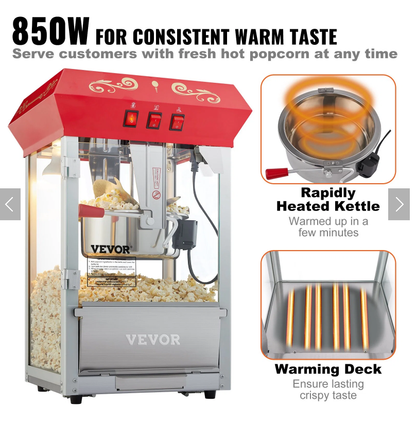 Popcorn Popper Machine 8 Oz Countertop Popcorn Maker 850W 48 Cups Red - view 4