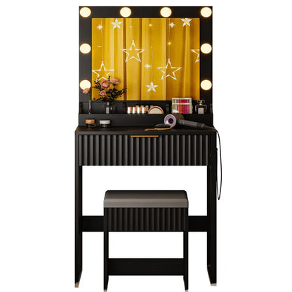 Black Particleboard with a 3-compartment, 1-drawer Dressing Table Set with 8 Three-tone Light Bulbs, Power Strip - view 3