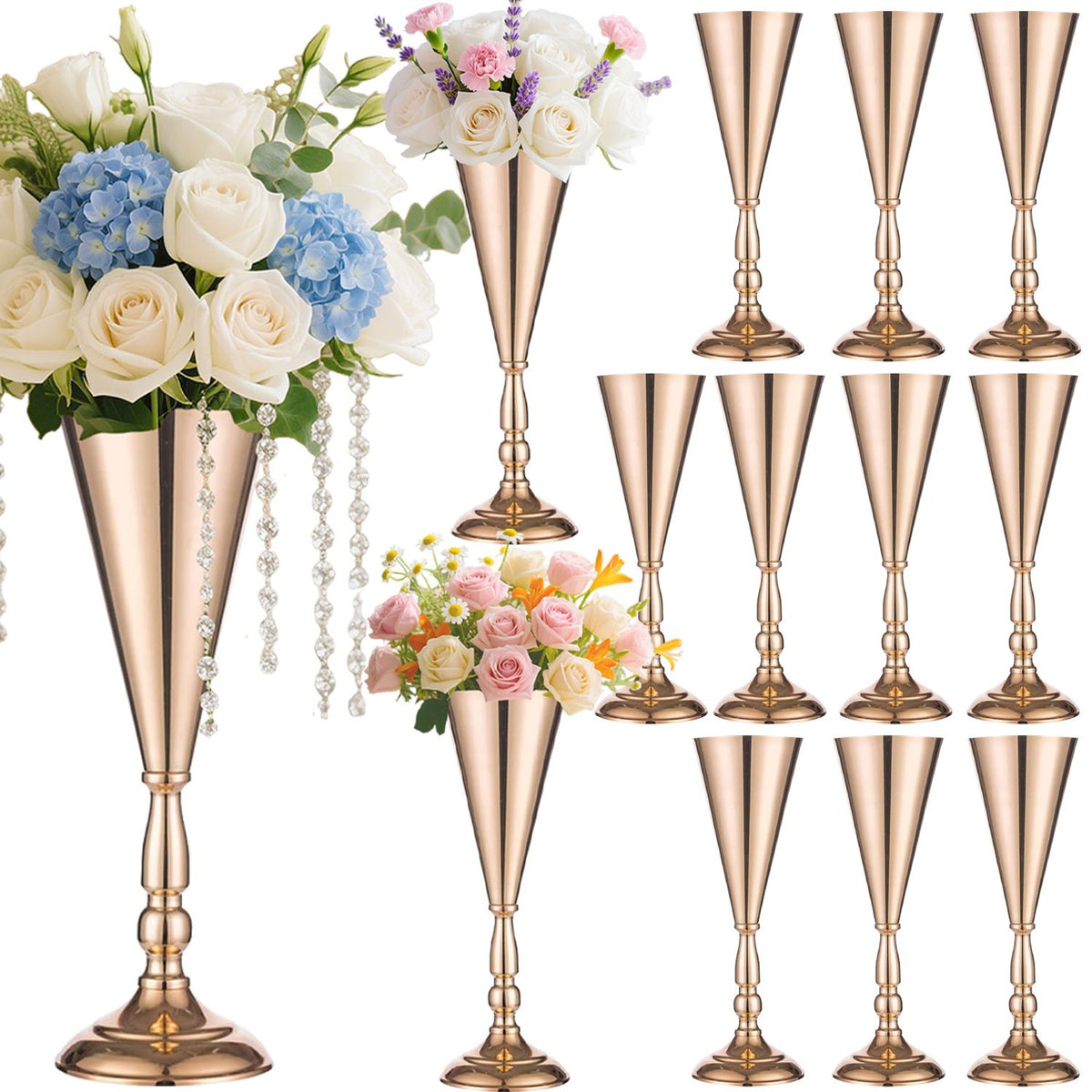 Golden Vase Flower Wedding Centerpieces For Tables 14 In Tall Flower Display Stand Wedding Metal Flower Arrangement