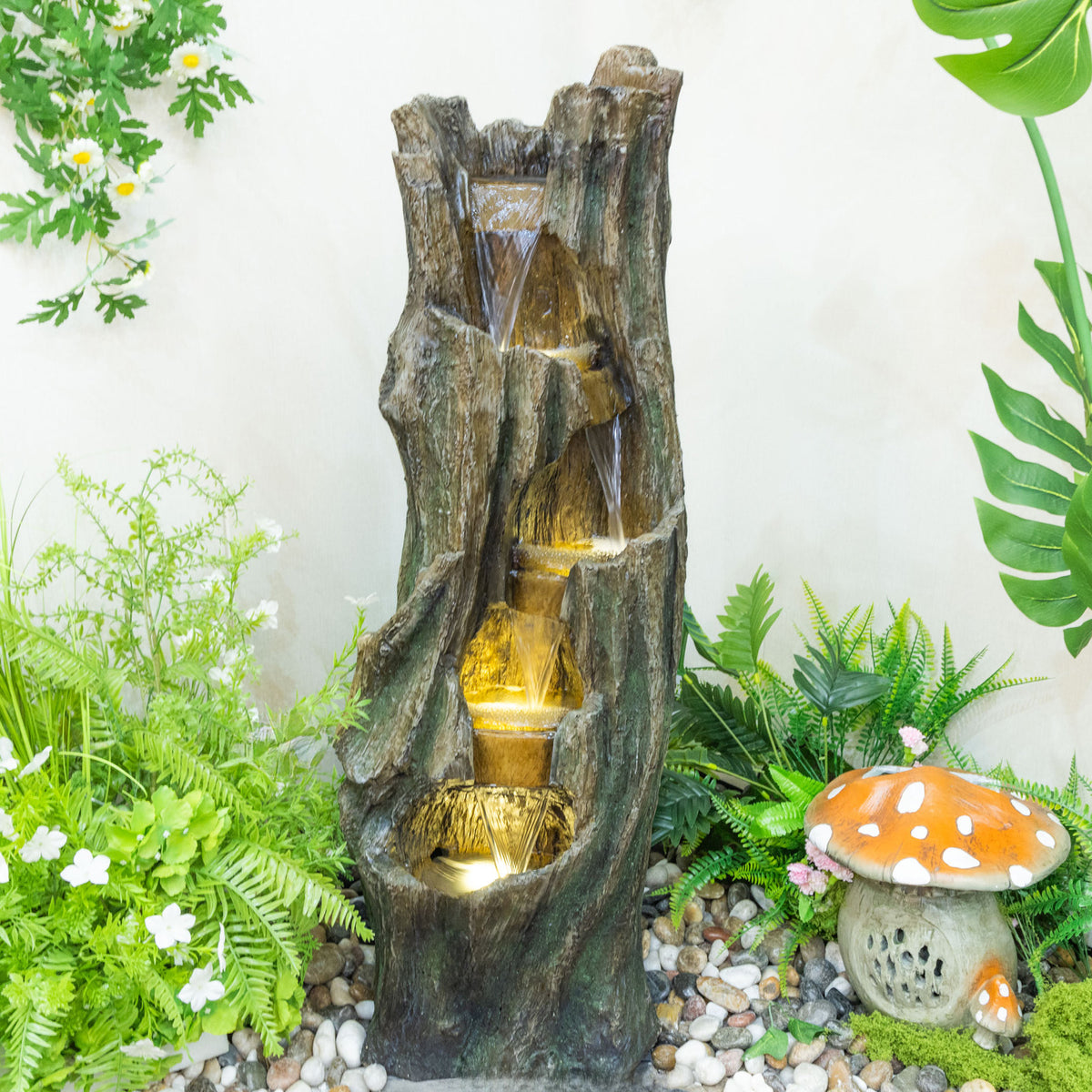 Waterfall Fountain For Outdoor Gardens And Patio Backyards Includes Energy-Efficient LED Lights And Easy Setup