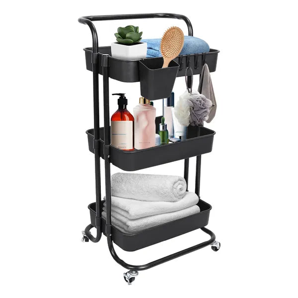 3 Tier Rolling Utility Cart Movable Storage Organizer With Mesh Baskets Lockable Wheels 360 Degree Rotatable Hanging