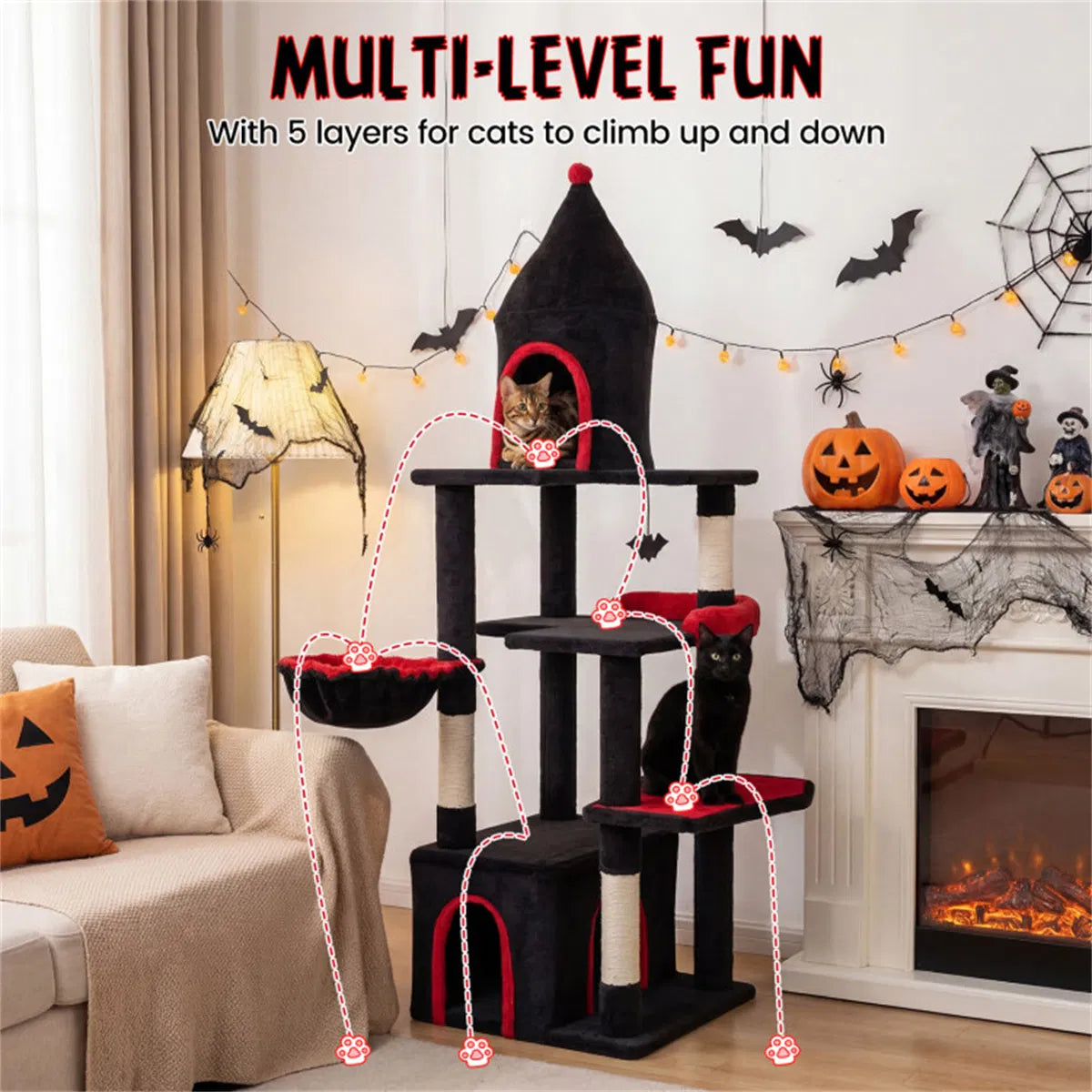 Gothic 5-Level Cat Tree 63" Tall with Sisal Scratching Posts Black Red Cat Tower - view 2