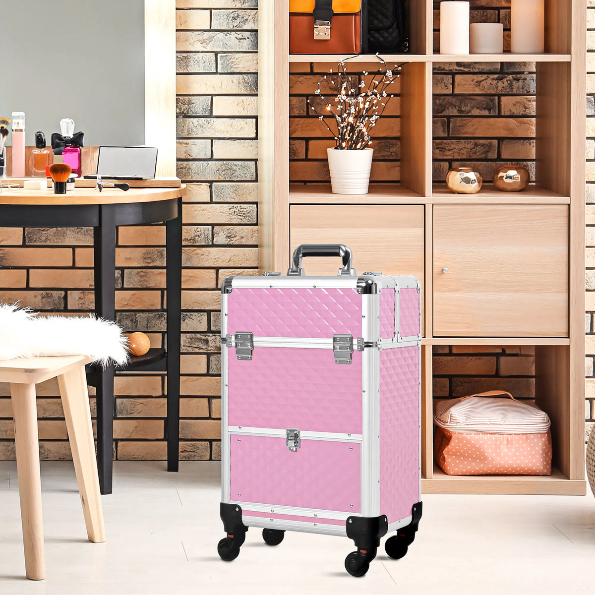 Makeup Train Case Portable Aluminum Rolling Cosmetic Organizer Trolley 4 Wheels Pink Salon Beauty Jewelry Storage - view 2