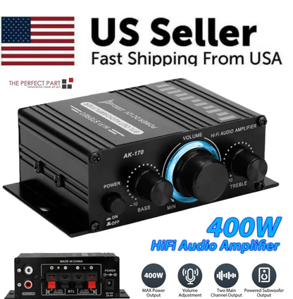 400W 12V 2 Channel Powerful Stereo Audio Power Amplifier HiFi Bass Amp Car Home