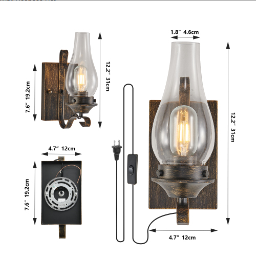 Only Supports Plug-in Rustic Farmhouse Wall Sconces Set Of 2, Vintage Industrial Plug-in Wall Lights With Clear Glass - view 5