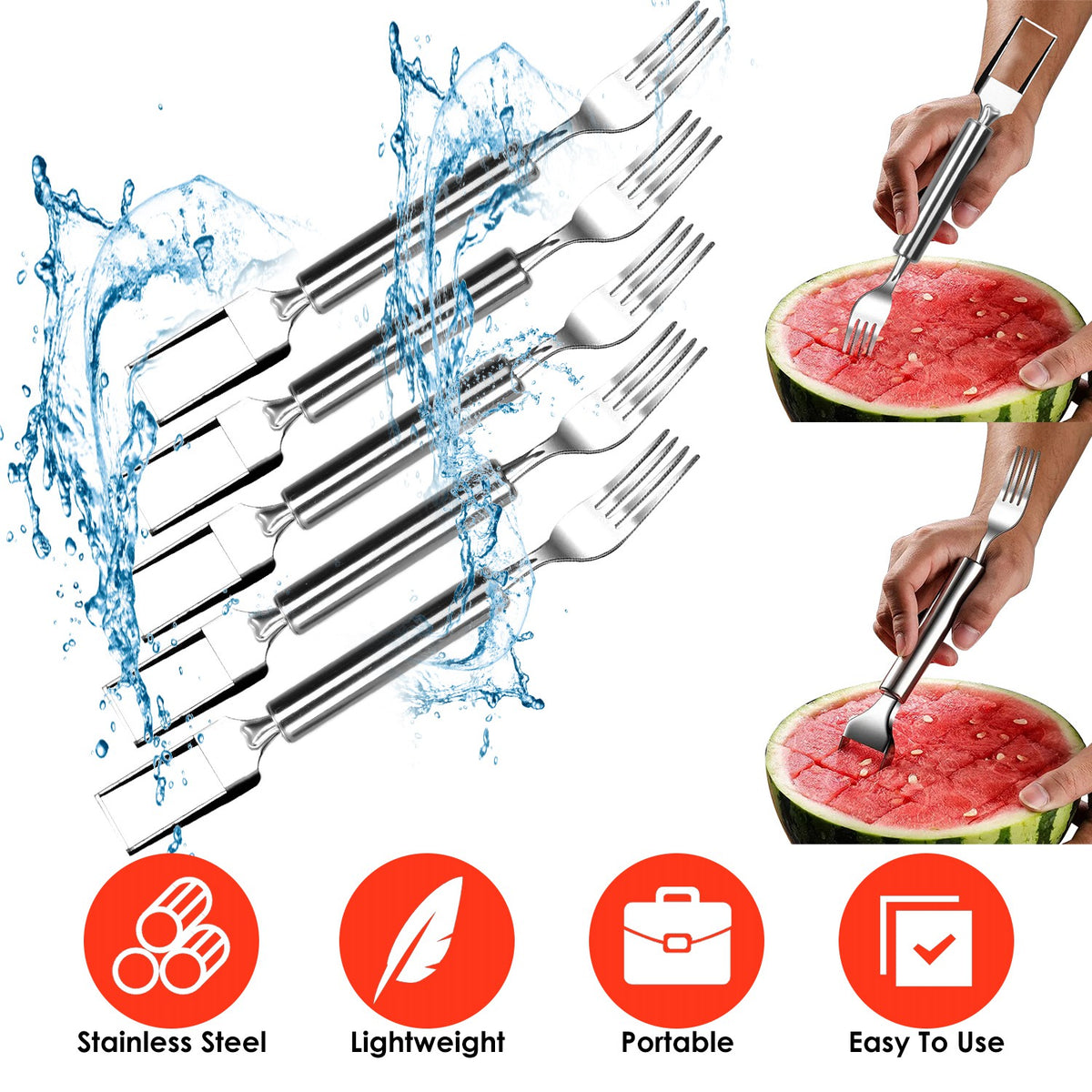 5Pcs 2 In 1 Watermelon Cutter Slicer Fork Stainless Steel Dual Head Watermelon Fruit Cutting Fork Knife For Summer