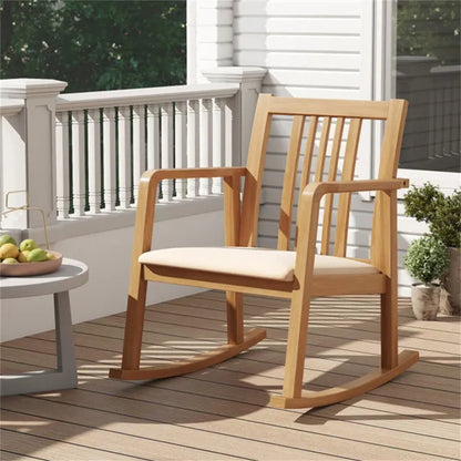 Solid Rubber Wood Rocking Chair, 400 LBS Weight Capacity Indoor Lounge Chair With Linen Cushion-Natural - view 5