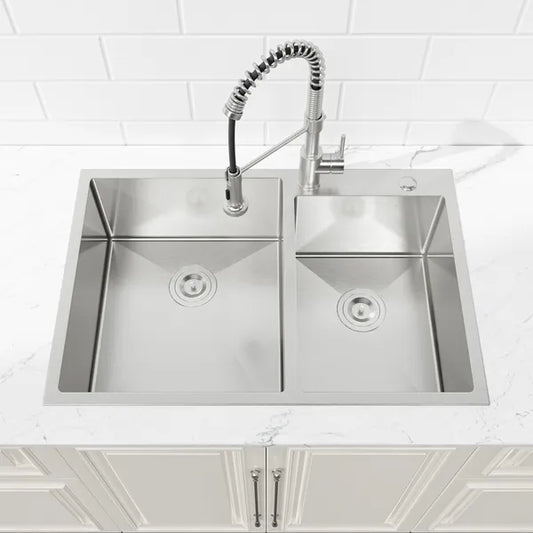 33' x19' Embedded Double Bowl Kitchen Sink, Overmount Handmade Sink In Brushed - Sink Only - Unable Ship Weekends - view 2