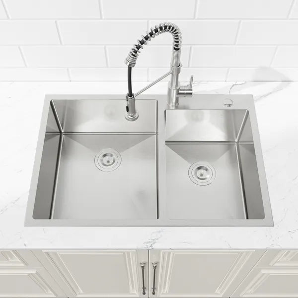 33' x19' Embedded Double Bowl Kitchen Sink, Overmount Handmade Sink In Brushed - Sink Only - Unable Ship Weekends - view 2